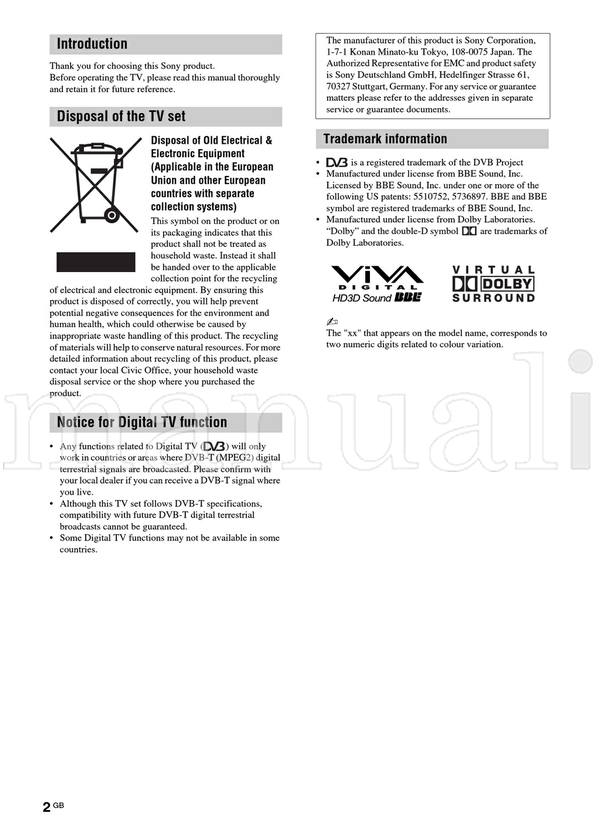 Sony KDL-20G30xx (62 pages) TV Operating Manual