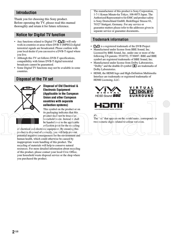 Sony KDL-20S40xx (94 pages) TV Operating Manual