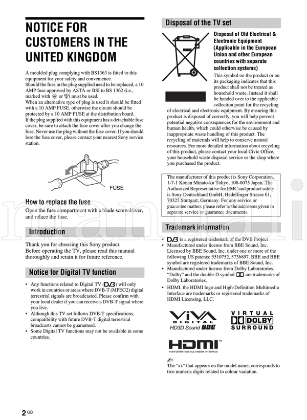 Sony KDL-20S40xx (33 pages) TV Operating Manual