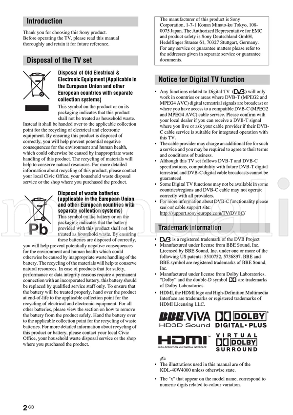 Sony KDL-52W40xx KDL-52W42xx KDL-46W40xx KDL-46W42xx KDL-40W40xx (215 pages) TV Operating Manual