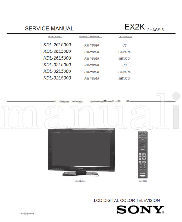 Sony KDL-26L5000 KDL-32L5000 9-883-809-02 RM-YD028 (55 pages) TV Service Manual