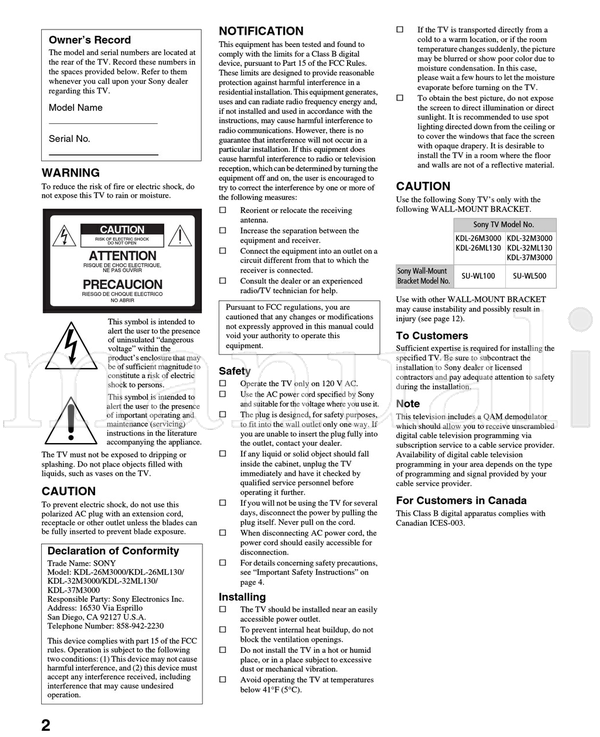 Sony KDL-26M3000 KDL-32M3000 KDL-37M3000 KDL-26ML130 KDL-32ML130 (48 pages) TV Operating Manual