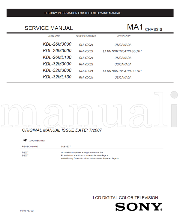 Sony KDL-26M3000 KDL-26ML130 KDL-32M3000 KDL-32ML130 9-883-757-02 (95 pages) TV Service Manual