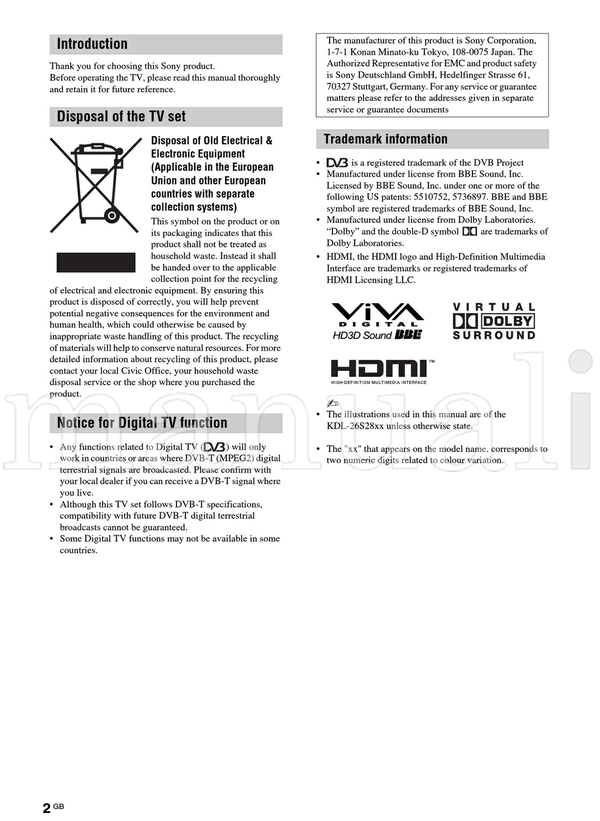 Sony KDL-40P30xx KDL-40U30xx KDL-37P30xx KDL-37U30xx KDL-32P30xx (69 pages) TV Operating Manual