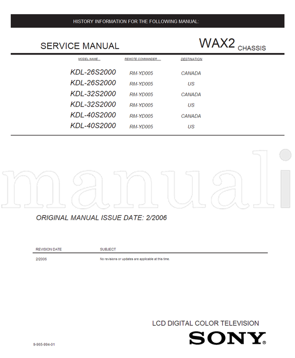 Sony KDL-26S2000 KDL-32S2000 KDL-40S2000 9-965-994-01 RM-YD005 (80 pages) TV Service Manual
