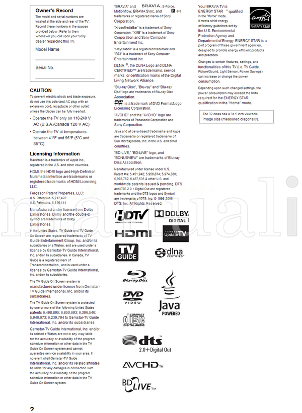 Sony KDL-40EX40B 32EX40B 4-180-189 (24 pages) TV Operating Manual