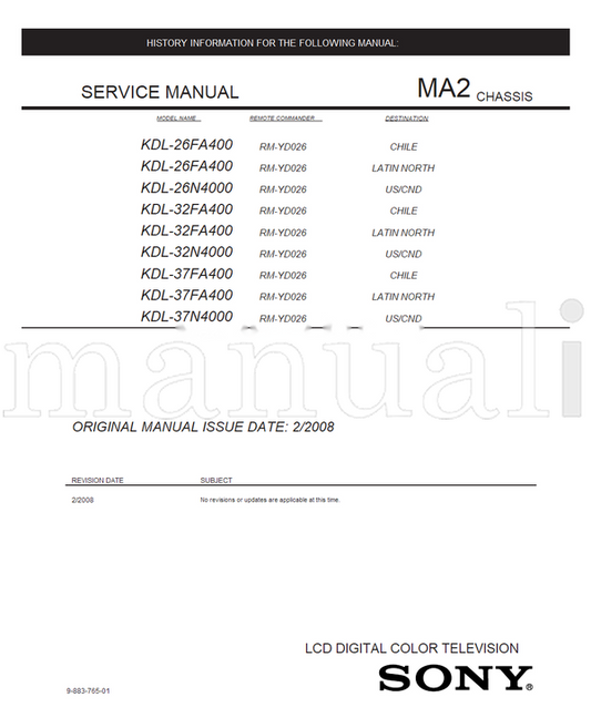Sony KDL-26FA400 KDL-26N4000 KDL-32FA400 KDL-32N4000 KDL-37FA400 (130 pages) TV Service Manual