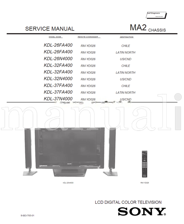 Sony KDL-26FA400 KDL-26N4000 KDL-32FA400 KDL-32N4000 KDL-37FA400 (130 pages) TV Service Manual