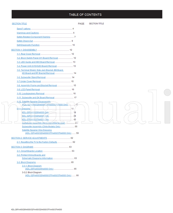 Sony KDL-26FA400 KDL-26N4000 KDL-32FA400 KDL-32N4000 KDL-37FA400 (130 pages) TV Service Manual