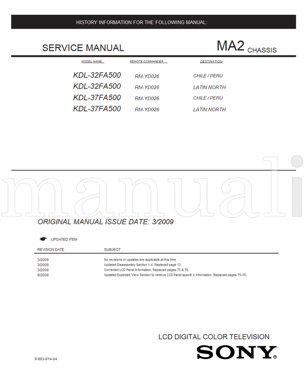 Sony KDL-32FA500 KDL-37FA500 9-883-814-04 RM-YD026 (100 pages) TV Service Manual