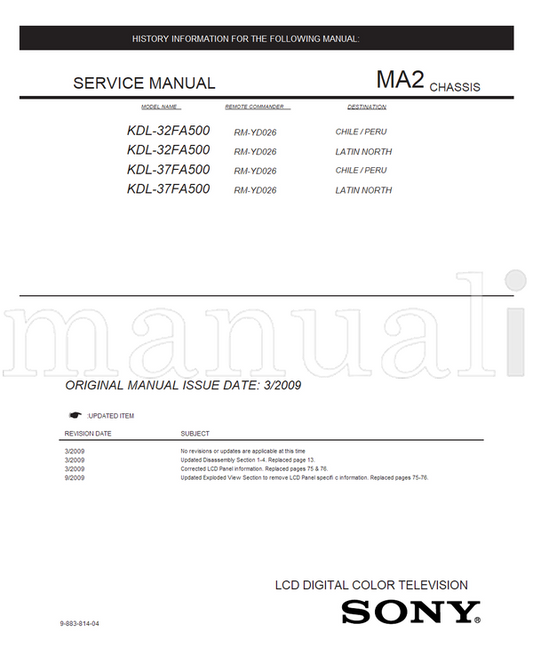Sony KDL-32FA500 KDL-37FA500 9-883-814-04 RM-YD026 (100 pages) TV Service Manual