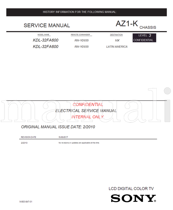 Sony KDL-32FA600 9-883-847-51 RM-YD035 (39 pages) TV Service Manual