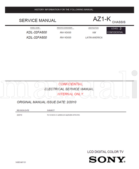 Sony KDL-32FA600 9-883-847-51 RM-YD035 (39 pages) TV Service Manual