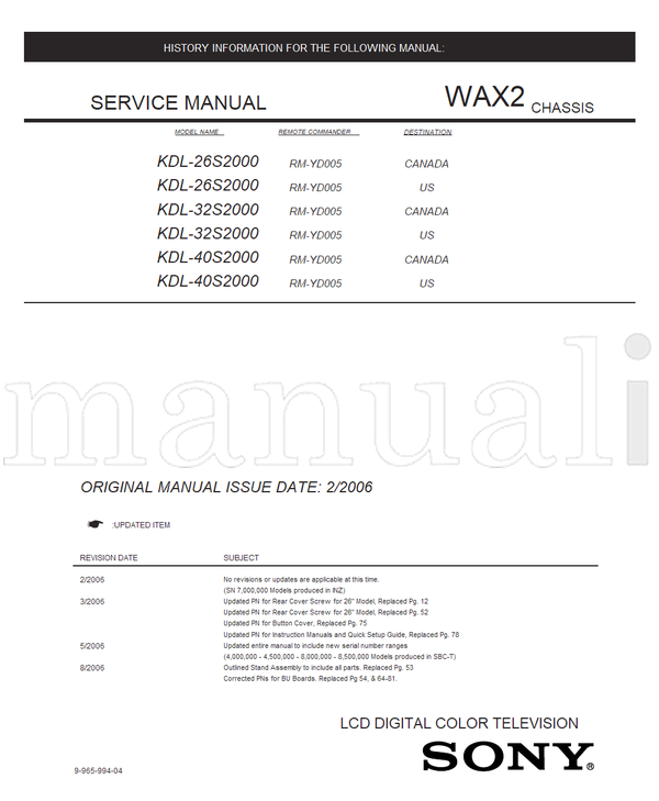 Sony KDL-26S2000 KDL-32S2000 KDL-40S2000 9-965-994-04 RM-YD005 (82 pages) TV Service Manual
