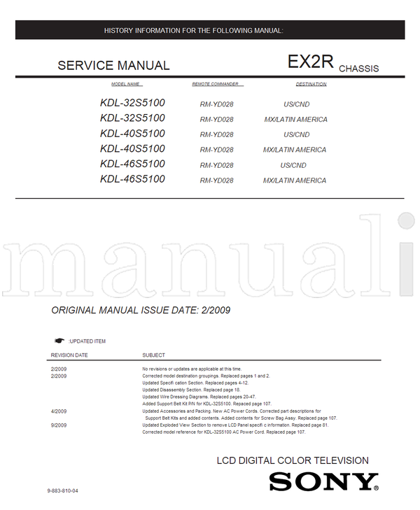 Sony KDL-32S5100 KDL-40S5100 KDL-46S5100 9-883-810-04 RM-YD028 (109 pages) TV Service Manual