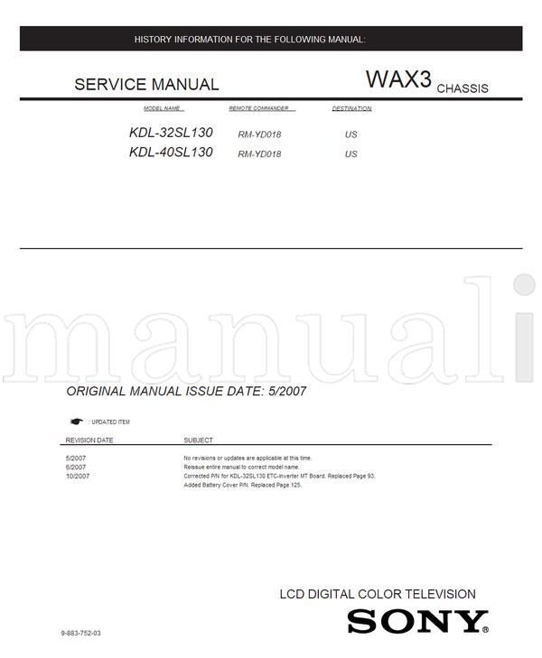 Sony KDL-32SL130 KDL-40SL130 9-883-752-03 RM-YD018 (127 pages) TV Service Manual