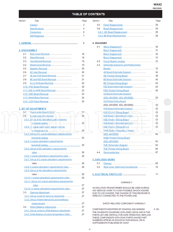 Sony KDL-32V2000 KDL-40V2000 KDL-46V2000 RM-ED005 (100 pages) TV Service Manual