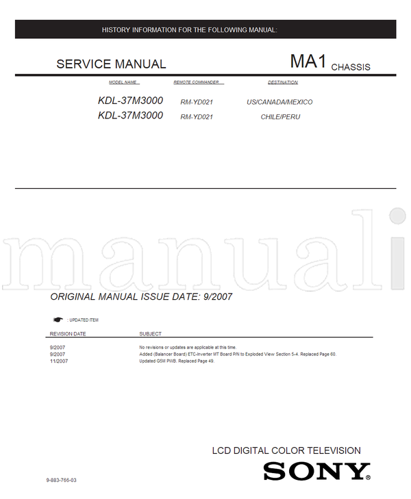 Sony KDL-37M3000 9-883-766-03 RM-YD021 (86 pages) TV Service Manual