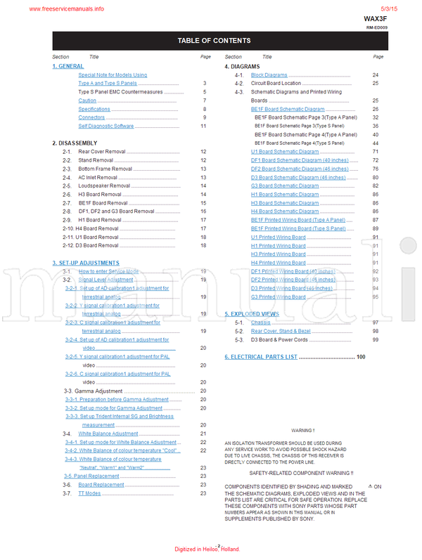 Sony KDL-40D3400 KDL-40D3500 RM-ED009 KDL-46D3500 WAX3F (136 pages) TV Service Manual