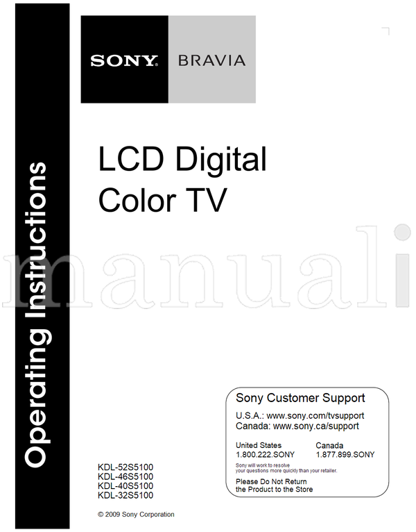 Sony KDL-52S5100 KDL-46S5100 KDL-40S5100 KDL-32S5100 (24 pages) TV Operating Manual