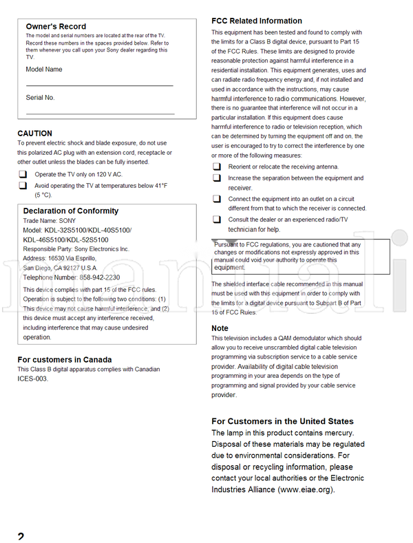 Sony KDL-52S5100 KDL-46S5100 KDL-40S5100 KDL-32S5100 (24 pages) TV Operating Manual