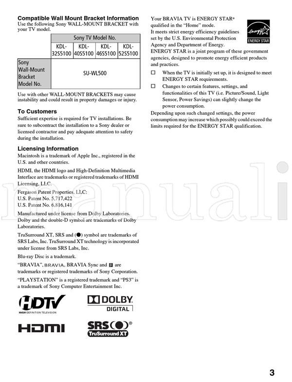 Sony KDL-52S5100 KDL-46S5100 KDL-40S5100 KDL-32S5100 (24 pages) TV Operating Manual
