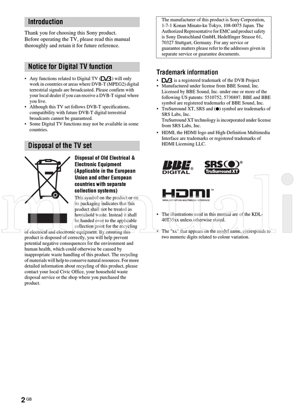 Sony KDL-46T35xx KDL-40T35xx (197 pages) TV Operating Manual