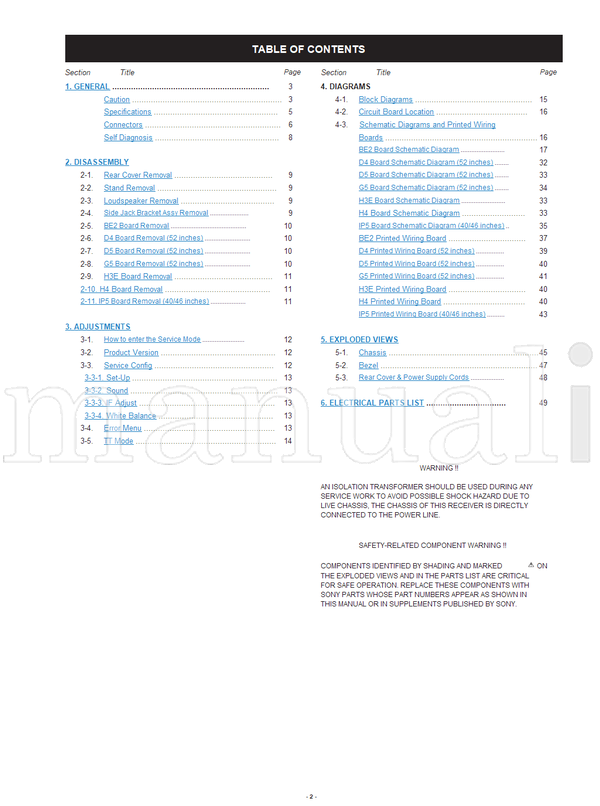 Sony KDL-40V4000 KDL-46V4000 KDL-52V4000 EG1L-L RM-ED013 (69 pages) TV Service Manual