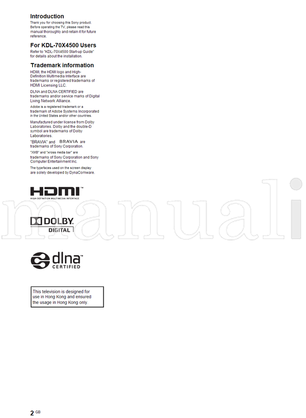 Sony KDL-70X4500 KDL-55X4500 KDL-46X4500 KDL-40X4500 (112 pages) TV Operating Manual