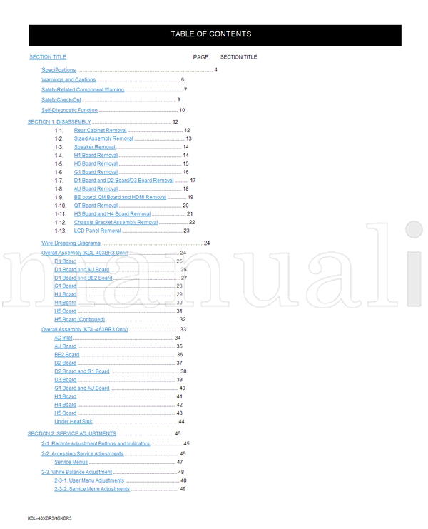 Sony KDL-40XBR3 KDL-46XBR3 9-883-717-01 RM-YD013 (172 pages) TV Service Manual