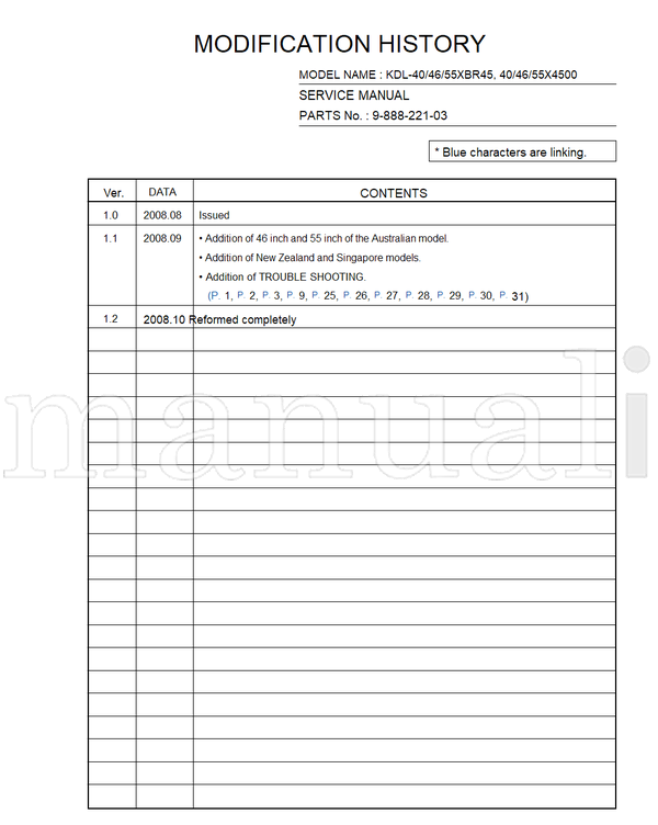 Sony KDL-40 55XBR45 55X4500 9-888-221-03 (78 pages) TV Service Manual