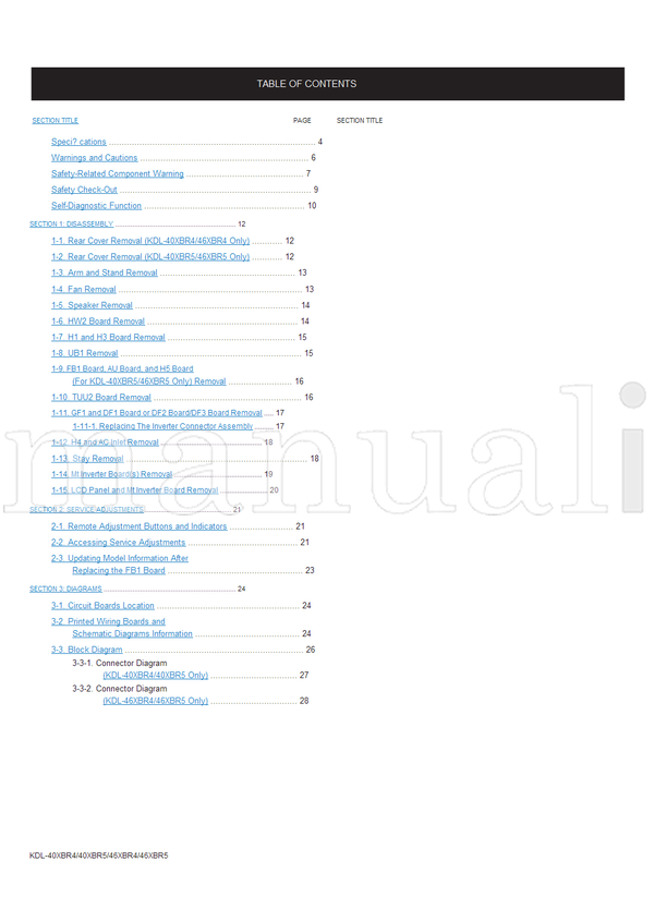 Sony KDL-40XBR4 KDL-40XBR5 KDL-46XBR4 KDL-46XBR5 9-883-758-05 (149 pages) TV Service Manual
