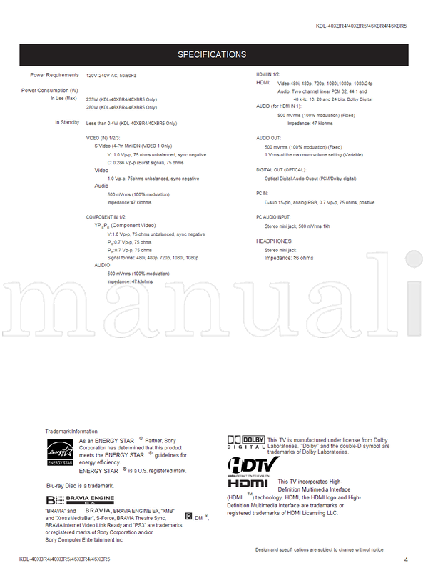 Sony KDL-40XBR4 KDL-40XBR5 KDL-46XBR4 KDL-46XBR5 9-883-758-05 (149 pages) TV Service Manual