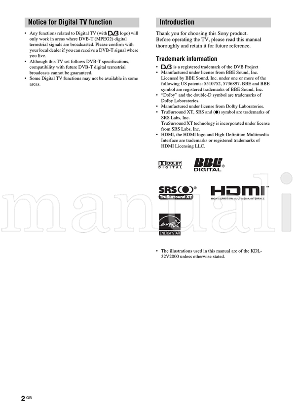 Sony KDL-46V2000 KDL-40V2000 KDL-32V2000 (44 pages) TV Operating Manual