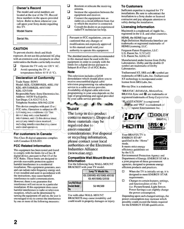 Sony KDL-52V5100 KDL-46V5100 KDL-40V5100 KDL-40SL150 KDL-32XBR9 (39 pages) TV Operating Manual