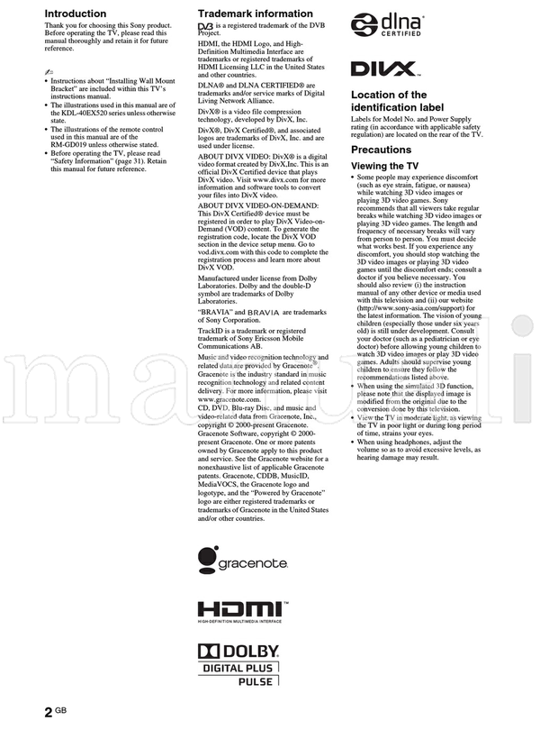 Sony KDL-55EX723 55EX720 46EX723 46EX720 46EX523 46EX520 46CX523 (68 pages) TV Operating Manual