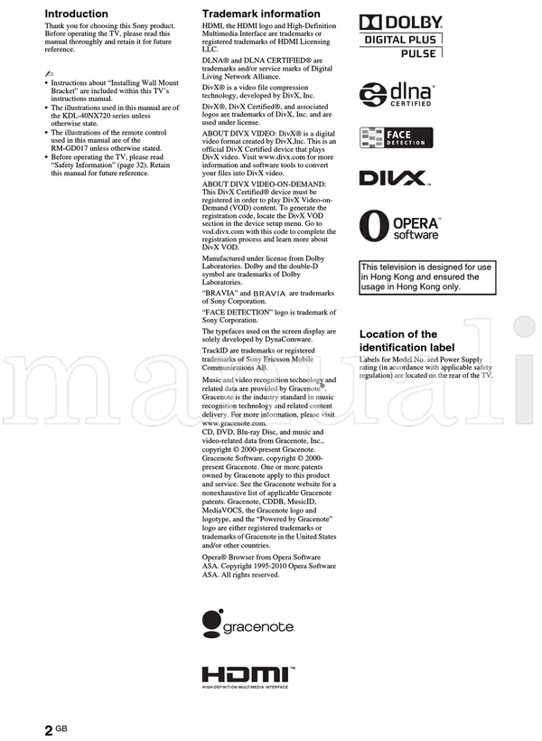 Sony KDL-65HX920 60NX720 55HX920 55NX720 46HX920 46HX820 46NX720 (68 pages) TV Operating Manual