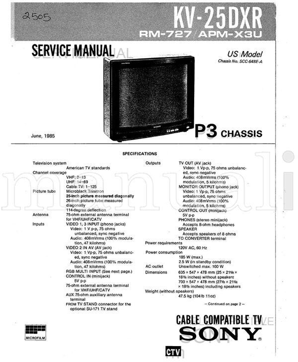 Sony 408mVrms SU-171 (91 pages) TV Service Manual