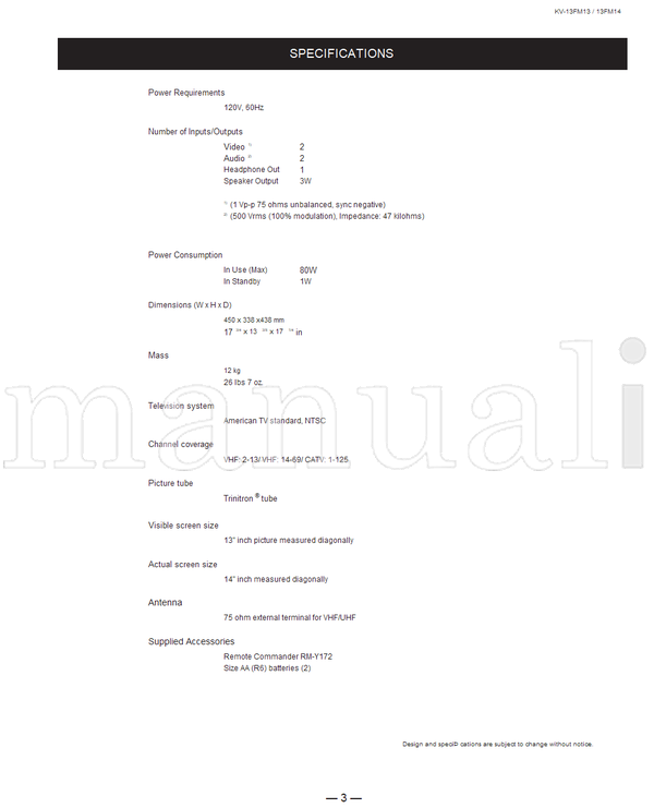 Sony KV-13FM13 RM-Y172 SCC-S41N-A 9-965-909-01 (51 pages) TV Service Manual