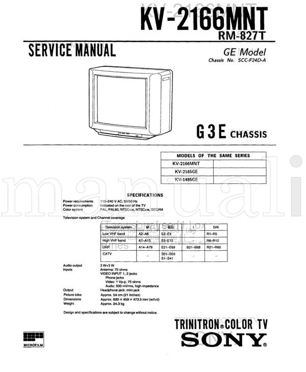 Sony KV-2166MNT RM-827T SCC-F24D-A KV-1485GE 110-240 PAL60 (32 pages) TV Service Manual