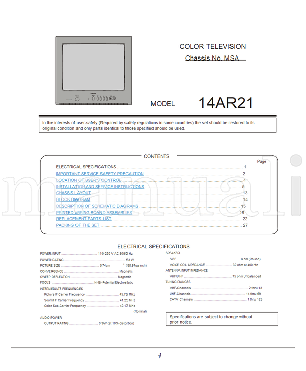 Toshiba 050-200119 14AR21 (28 pages) TV Service Manual