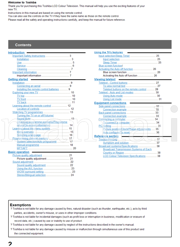 Toshiba 15CL7A 15CL7E 15CL7T 20CL7A 20CL7E 20CL7T 72742095 (40 pages) TV Operating Manual