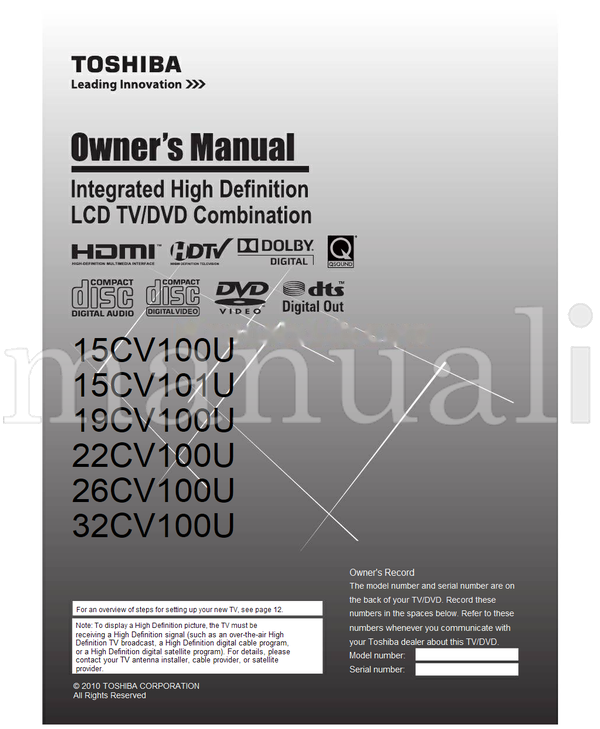 Toshiba 15CV100U 15CV101U 19CV100U 22CV100U 26CV100U 32CV100U (95 pages) TV/DVD Combo Operating Manual