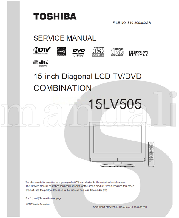 Toshiba 810-200882GR 15LV505 (100 pages) TV/DVD Combo Service Manual