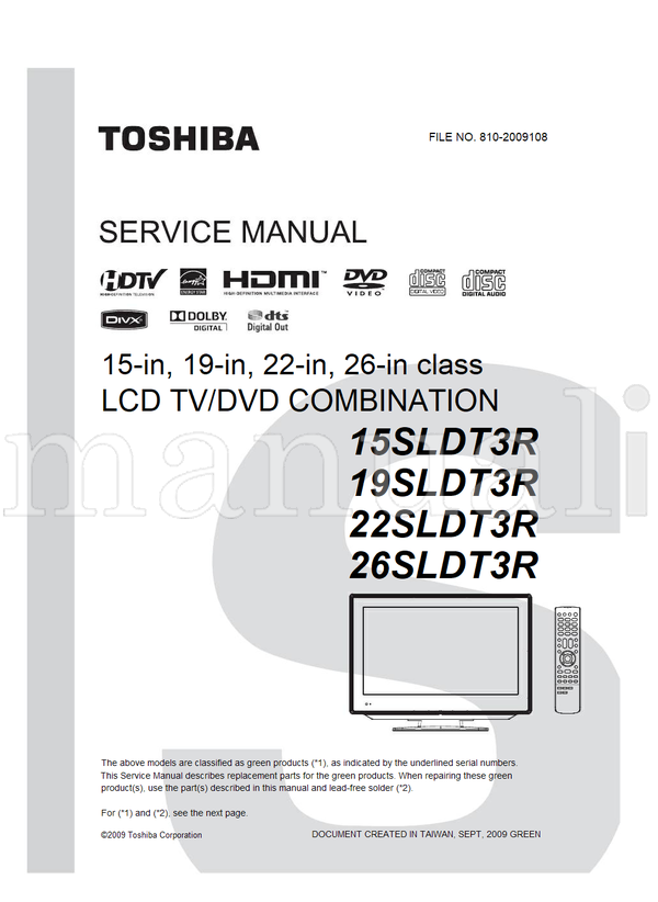 Toshiba 15SLDT3R 19SLDT3R 22SLDT3R 26SLDT3R (87 pages) TV/DVD Combo Service Manual