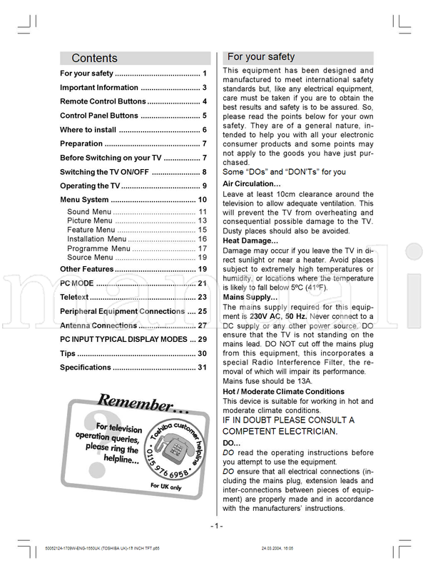 Toshiba 17WL46B (33 pages) TV Operating Manual