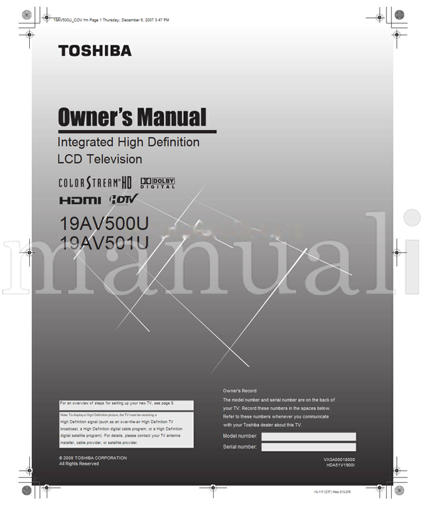 Toshiba 19AV500U 19AV501U VX3A00018000 HDA51V1900I HL117 213276 (54 pages) TV Operating Manual