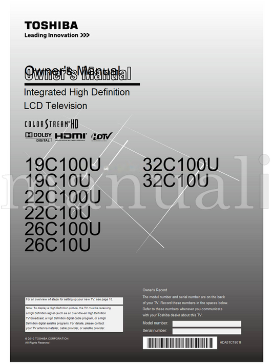 Toshiba 19C100U 19C10U 22C100U 22C10U 26C100U 26C10U 32C100U 32C10U (62 pages) TV Operating Manual