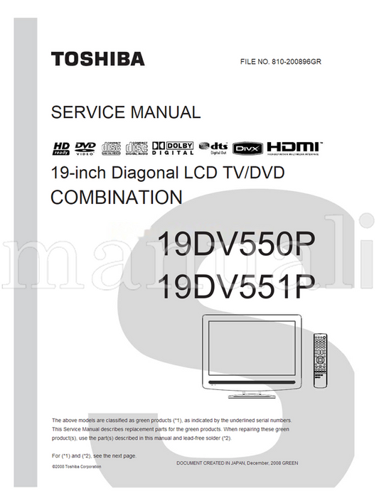 Toshiba 19DV550P 19DV551P 810-200896GR (76 pages) TV Service Manual