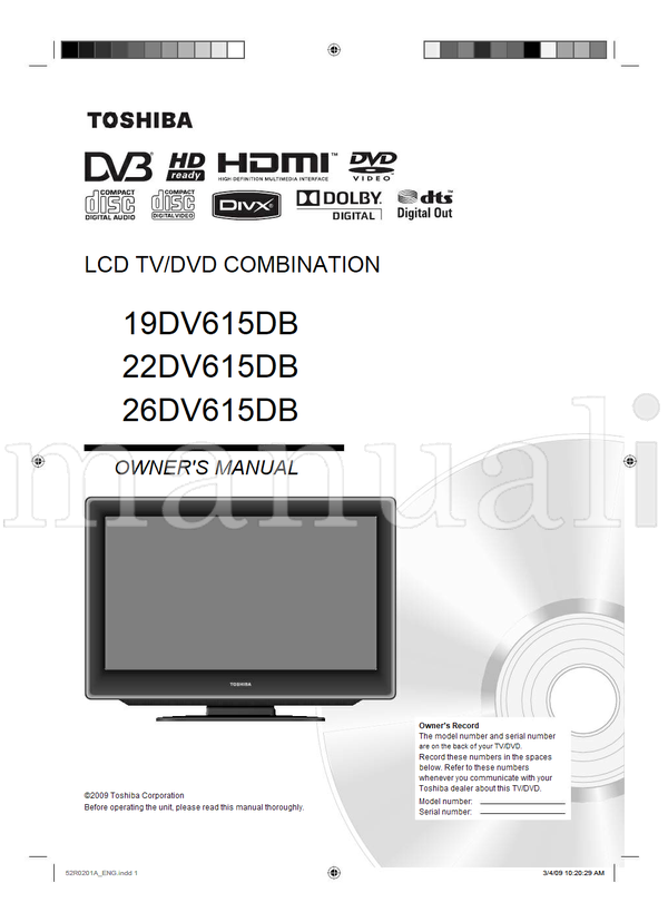 Toshiba 19DV615DB 22DV615DB 26DV615DB 102029 (60 pages) TV/DVD Combo Operating Manual